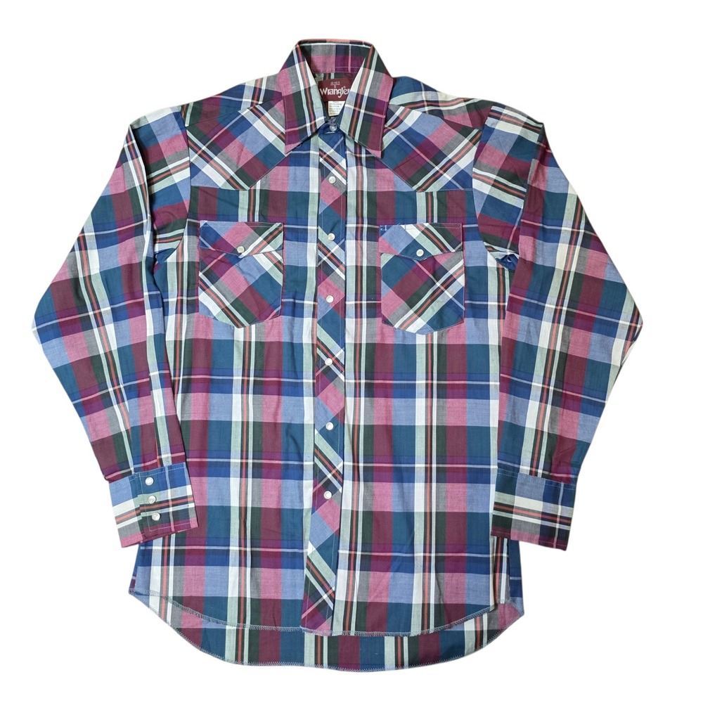 Wrangler Mens Plaid‎ Western Shirt Red Long Sleeve Pearl Snap Front Sz S 14 14.5